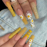 Hooux 24Pcs Glitter Ballet False Nails Long Coffin Fake Nails with Flower Design Gold Powder French Press on Nails DIY Manicure Tips