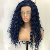 Hooux Dark Blue Curly Synthetic Lace Front Wig Natural Afro Long Deep Wave Hair Colored 13X4 Frontal Kinky Curly Wigs for Women Party