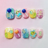 Hooux 10Pcs Handmade Press on Nails Full Cover 3D Colorful Cute Design Summer Artificial Manicure Short French False Nails Nail Tips