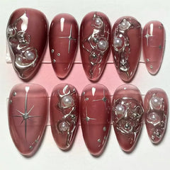 Hooux False Nails 3D Design Press on Nails Full Cover Red Heart Pearl Diamond Decoration Dark Style French Almond Wearable Nail Tips