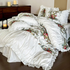 Hooux White Princess Wedding Bedding Sets Luxury 100% Cotton Rose Flowers Printing Quilt/Duvet Cover Bed Skirt Sheet Pillowcases