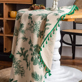Hooux Green Pine Pattern Tablecloth Green Tassel Vintage Dining Table Cover For Kitchen Coffee Table Party Birthday Decor