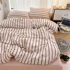 Hooux Pure Cotton Home Textile Blue Striped Bedding Set Simple Soft Duvet Cover Sheet Pillowcase Ins Style Bed Linens Queen King Size
