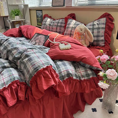 Hooux Korean Bedding Set Luxury Quilt Cover Pillowcase Flat Bed Sheet Skirt Fitted Sheet Girl Princess Ruffle Home Textile Christmas