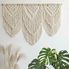 Hooux Handwoven Macrame Tassel Pendant Wall Hanging Tapestry with Wooden Stick Hand-Woven Bohemia Tassel Curtain Tapest