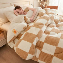 Hooux Checkerboard Super Thick Warm Winter Blankets Soft Artificial Lamb Cashmere Weighted Blanket Fluffy Warmth Duvet Comforter Quilt
