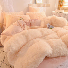 Hooux 4pcs Autumn and Winter Warm and Thick Solid Color King Size Bedding Set Sheet Quilt Cover Pillowcase 220x240cm