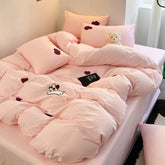 Hooux Super Soft Towel Embroidery Bedding Set Duvet Cover Queen Full Twin Size Bed Flat Sheet Kids Girls Quilt Cover Pillowcase Kawaii