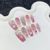 Hooux 10Pcs Blusher Handmade Press On Nails Long Gradient Fake Nail Full Cover Moon Heart Design Artificial Manicure Wearable Nail Tip