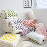 Hooux Checkerboard Plaid Lamb Blanket Soft Thick Fluffy Warm Nap Blanket Double Sided Velvet Blanket Sofa Cover Bed Cover Bedspread
