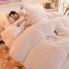 Hooux 4pcs Autumn and Winter Warm and Thick Solid Color King Size Bedding Set Sheet Quilt Cover Pillowcase 220x240cm