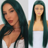 Hooux Green Wig Synthetic Lace Front Wig Long Straight Glueless Frontal Dark Hair Lace Wigs for Women Cosplay Party Ready to Wear
