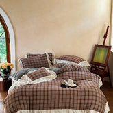 Hooux Vintage Plaid Flowers Lace Ruffles Bedding Set 100% Cotton Double Layer Yarn Duvet Cover Flat/Fitted Bed Sheet Pillowcases 4Pcs