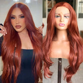 Hooux Copper Red Wig Natural Wavy Lace Synthetic Hair Lace Front Wig Long Reddish Brown Colored Lace Frontal Wigs for Women Party