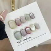 Hooux 10Pcs Short Handmade Press On Nails Full Cover Flower Design Summer Colorful Rhinestone False Nails Wearable Manicure Nail Tips