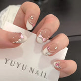 Hooux 10Pcs Handmade Press On Nails Short Oval Glitter French Fake Nails Full Cover Pink 3D Bow Diamond Design Wearable Nail Tips Art
