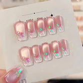 Hooux 10Pcs Pink Handmade Press on Nails Full Cover Flowers Design Glitter Short French Ballet False Nails Wearable Manicure Nail Tips