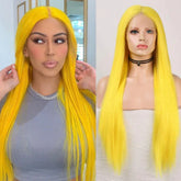 Hooux Yellow Straight Wig Synthetic Front Lace Wigs For Women Long Silky Straight Lace Hair Middle Part Lemon Yellow Wigs Cosplay Part