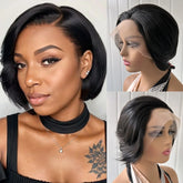 Hooux Pixie Cut Wig Jet Black Straight Short Cut Bob Synthetic Lace Front Wig Glueless Layered Hair Frontal Lace Wigs for Women