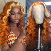 Hooux Ginger Wig with Blonde Highlights Wig Synthetic Lace Front Wig Loose Deep Long Curly Wavy Hair 13X4 Frontal Wigs for Women Party