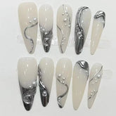Hooux 10Pcs Long Almond Handmade Press on Nails Full Cover Linear Heavyweight Decoration Artificial Manicure False Nails Nail Tips Art