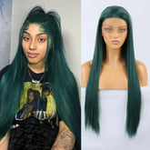 Hooux Long Straight Synthetic Lace Front Wigs For Women Green Lace Wig For Women Synthetic Hair Heat Resistant Fiber Cosplay Green Wig