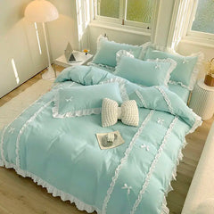 Hooux Princess Style Duvet Cover Set with Flat Sheet Pillowcases Korean Green Pink Girls Gift Spring Single Queen Size Bedding Kit