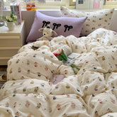 Hooux Cartoon Bedding Set Ins Korean Towel Embroidery Bed Linen Flat Sheets Set 2 Pillowcases Twin Double Queen Size Duvet Cover Set