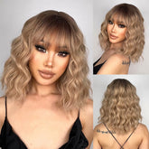 Hooux Short Bob Wavy Synthetic Wig For With Bangs Blonde Ombre Medium Wig Heat Resistant Fiber Hair Party Cosplay