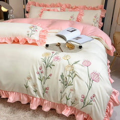 Hooux Washed Cotton Embroidery Bedroom Four-piece Set Full Quilt Cover Princess Style Queen Bed Sheet King Bedding Three-piece Bedding