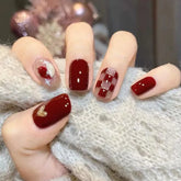 Hooux 10Pcs Red Christmas/NewYear Handmade Press on Nails Elegant Vibrant Checkerboard Fake Nail for Women&Grils Celebrations Nail Art