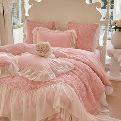 Hooux Two-thirds Rose Flowers Lace Princess Wedding Bedding Set 1200TC Egyptian Cotton Duvet Cover Flat/Fitted Bed Sheet Pillowcases
