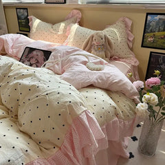 Hooux Korean Bedding Set Luxury Quilt Cover Pillowcase Flat Bed Sheet Skirt Fitted Sheet Girl Princess Ruffle Home Textile Christmas