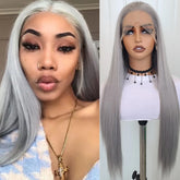 Hooux Grey Wig Straight Synthetic Lace Front Wig Glueless Lace Wigs for Women Silver Wig Lace Front Synthetic Hair Lace Frontal Gray