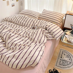 Hooux Pure Cotton Home Textile Blue Striped Bedding Set Simple Soft Duvet Cover Sheet Pillowcase Ins Style Bed Linens Queen King Size