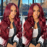 Hooux Burgundy 99J Body Wave 13x4 Lace Frontal Human Hair Wig 200 Density 13x6 Transparent Lace Frontal Wigs Red Colored Remy Hair
