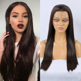 Hooux Dark Chocolate Brown Silky Straight Synthetic Lace Front Wig Glueless Brunette Hair Frontal Wigs for Women Daily Use Party