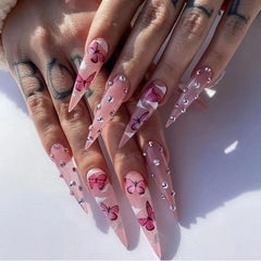 Hooux 24Pcs Wearable Fake Nails Pink Long Almond False Nails with Butterfly Design Full Cover Nail Tips Stiletto Nails Set Press On
