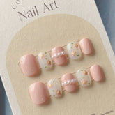 Hooux 10Pcs Cute Handmade Press On Nails Full Cover Pearls Design Short Round Head False Nails Artificial Manicure Wearable Nail Tips