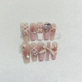 Hooux 10Pcs Shiny Handmade Press On Nails Full Cover Bowknot Design Elegant Coffin Fake Nails Artificial Manicure Wearable Nail Tips