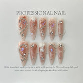 Hooux 10Pcs Handmade Nails Set Press on Long Almond False Nail with Rhinestone Pink Camellia Design Reusable Full Cover Fake Nail Tips