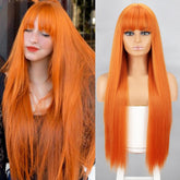 Hooux Orange Synthetic Wigs Long Straight Wigs With Bangs For Women Pink Red Cosplay Party Daily Use Natural Hair