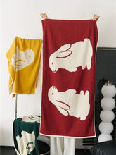 Hooux A Pair Bunny Patter Cotton BathTowels Knitted Yarn-Dyed Jacquard Soft Towels Absorbent Bathroom Towel 70*140cm Beach Towels