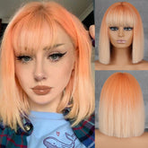 Hooux Short Orange Straight Bob Wig Synthetic Wigs For Women With Bangs Daily Cosplay Hair Heat Resistant