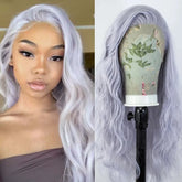 Hooux Silver Grey Wig Long Wavy Synthetic Lace Front Wig Water Wave Natural Curly Gray Colored Hair 13X4 Frontal Wigs for Women