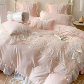 Hooux Korean Princess Bedding Set Coquette Lace Bow Beauty Solid Color Lace Ruffle Comforter Sets Luxury Girls Wedding Duvet Cover