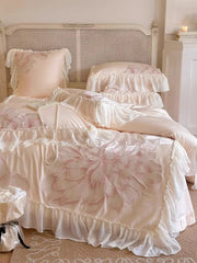 Hooux Princess Long Stable Cotton Duvet Cover Set Four Piece Set French Flower Embroidery Quilt Cover Lace Bedding Set Bedsheets