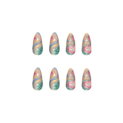 Hooux 24Pcs/Lot Almond False Nails with Snake Glitter Design French Stiletto Full Cover Fake Nails DIY Manicure Press on Nail Art Tips