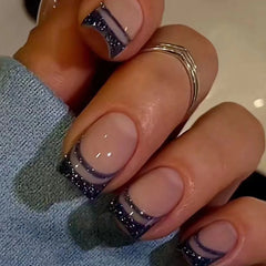 Hooux 24Pcs Simple French Fake Nail with Golden Edge Design Short Square Head False Nails Wearable Manicure Jelly Stick on Nails