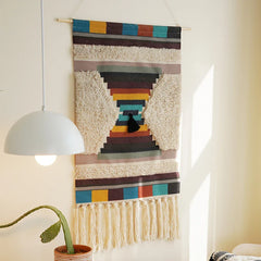 Hooux Boho Hanging Tapestry with Handmade Tassels Cotton Linen Tufting Wall Hanging Fabric Cover Blanket Ramadan Decor Home Decoration